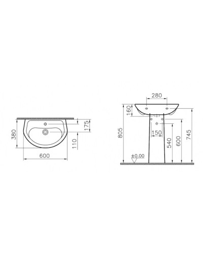 Раковина 60 см с пьедесталом Vitra Arkitekt 9601B003-7650