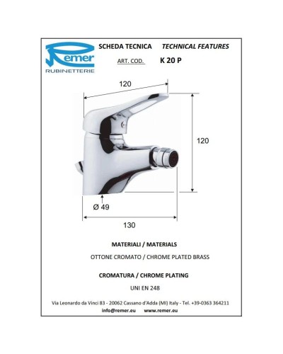 Смеситель для биде с донным клапаном Remer Kiss K20P