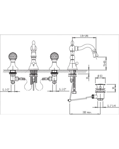 Смеситель для биде на три отверстия бронза, ручки Swarovski Cezares Atlantis ATLANTIS-BBS2-02-Sw