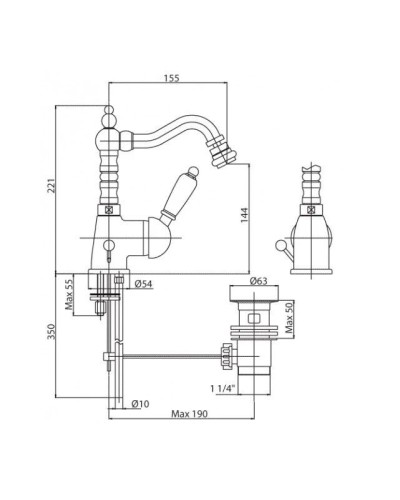 Смеситель для биде с донным клапаном золото 24 карат, ручка Swarovski Cezares Vintage VINTAGE-BSM2-03/24-Sw