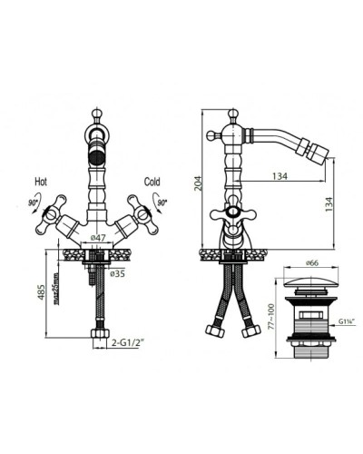 Смеситель для биде с донным клапаном золото, ручки золото Cezares Retro RETRO-BS2-03