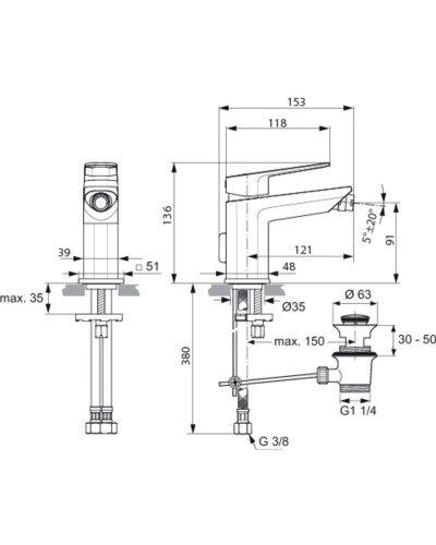 Смеситель для биде с донным клапаном Ideal Standard Tonic II A6336AA