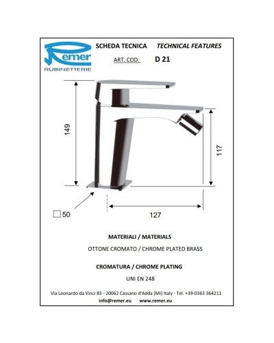 Смеситель для биде без донного клапана Remer Dream D21