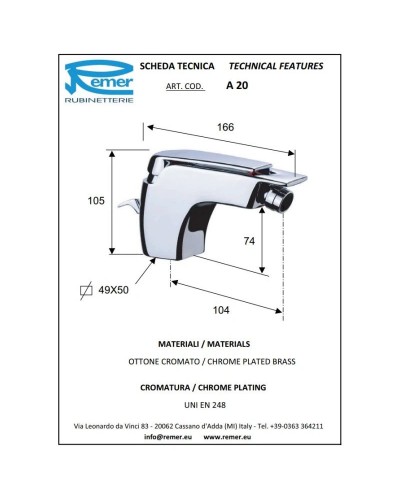 Смеситель для биде с донным клапаном Remer Atmos A20