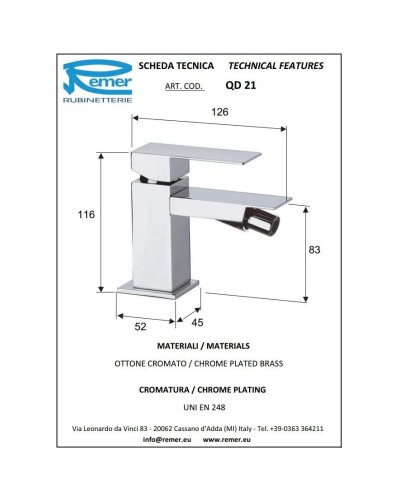 Смеситель для биде без донного клапана Remer Q-Design QD21