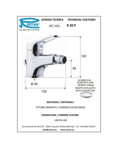 Смеситель для биде с донным клапаном Remer Remix R20P