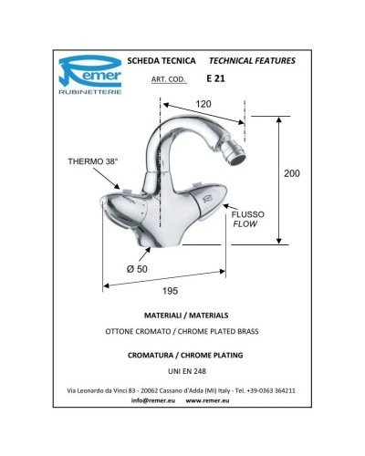 Термостат для биде без донного клапана Remer Eagle E21