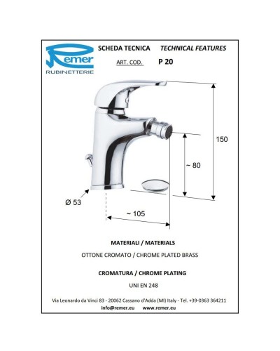 Смеситель для биде с донным клапаном Remer Project P20