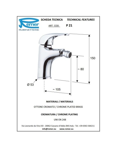 Смеситель для биде без донного клапана Remer Project P21