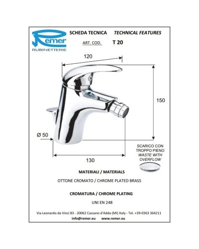 Смеситель для биде с донным клапаном Remer Ten T20