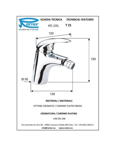 Смеситель для биде без донного клапана Remer Ten T21