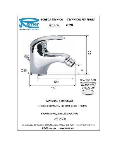 Смеситель для биде с донным клапаном Remer Giga G20