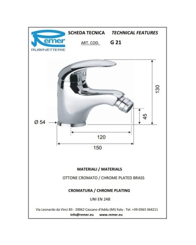 Смеситель для биде без донного клапана Remer Giga G21