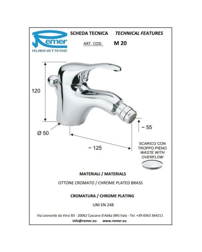 Смеситель для биде с донным клапаном Remer Musa M20