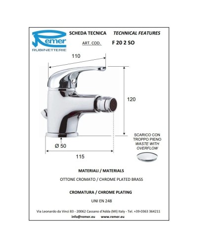 Смеситель для биде с донным клапаном Remer Serie 35 F20SO