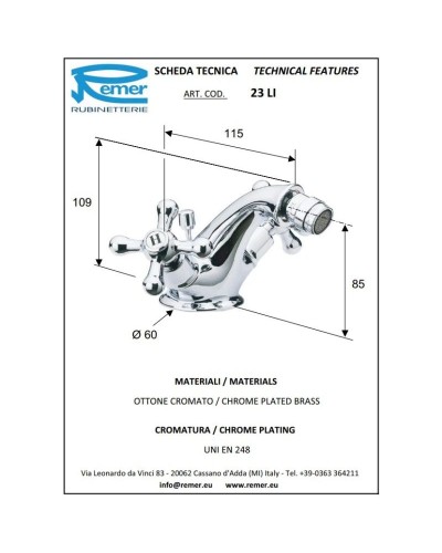 Смеситель для биде с донным клапаном Remer Liberty 23LI