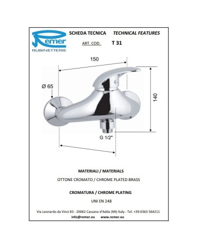 Смеситель для душа Remer Ten T31