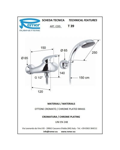 Смеситель для душа Remer Ten T39