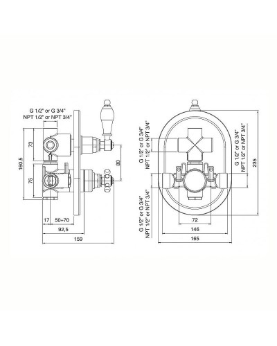 Смеситель для душа Cezares Vintage VINTAGE-VDIM2-T-03/24-Sw с термостатом Золото 24 карат
