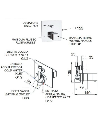 Смеситель для душа Remer Qubica Thermo QT09 с термостатом Хром