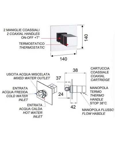 Смеситель для душа Remer Qubica Thermo QT30NO с термостатом Черный матовый