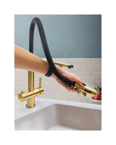 Смеситель для кухни AltroBagno Flusso AltroBagnoFlusso050202OrSp с подключением к фильтру, с гибким изливом, золотой матовый