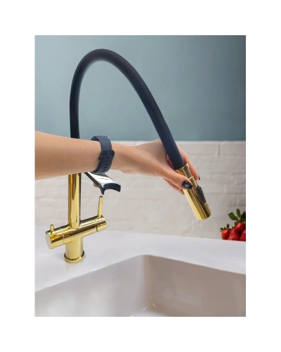 Смеситель для кухни AltroBagno Flusso AltroBagnoFlusso050205Or с подключением к фильтру, с гибким изливом, золотой