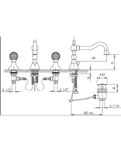 Смеситель на раковину на три отверстия бронза, ручки Swarovski Cezares Atlantis ATLANTIS-BLS2-02-Sw
