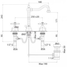 Смеситель для раковины с донным клапаном золото 24 карат, ручки золото 24 карат Cezares Nostalgia NOSTALGIA-BLS2-03/24