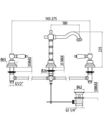 Смеситель для раковины на 3 отверстия с донным клапаном Gattoni Vivaldi Lever 13100/13V0BR