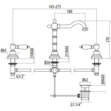 Смеситель для раковины на 3 отверстия с донным клапаном Gattoni Vivaldi Lever 13100/13D0ORO