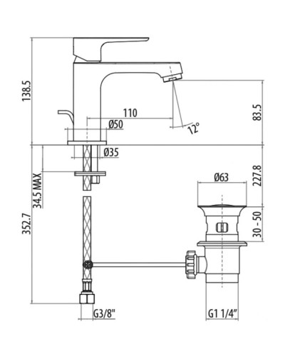 Смеситель для раковины с донным клапаном Gattoni H2OMIX 3000 3041/30C0CR