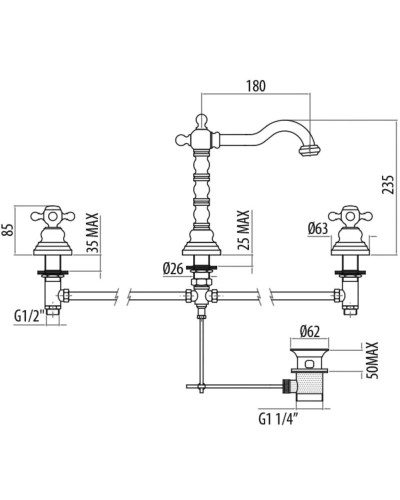 Смеситель для раковины на 3 отверстия с донным клапаном Gattoni Vivaldi 1210012D0ORO