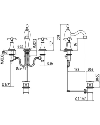 Смеситель для раковины на 3 отверстия с донным клапаном Gattoni Timor 1810018C0CR