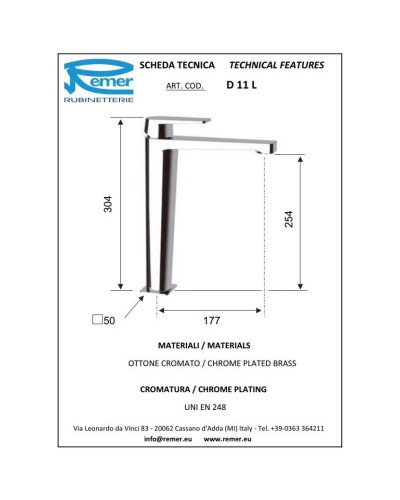 Смеситель для раковины без донного клапана Remer Dream D11L