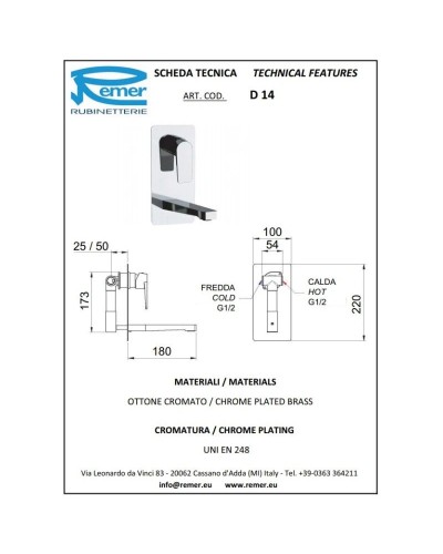 Смеситель для раковины без донного клапана Remer Dream D14