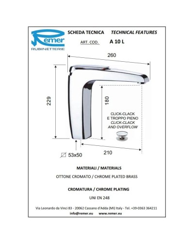 Смеситель для раковины с донным клапаном Remer Atmos A10L