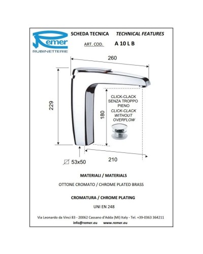 Смеситель для раковины с донным клапаном Remer Atmos A10LB