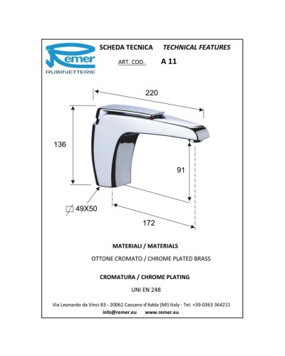 Смеситель для раковины без донного клапана Remer Atmos A11