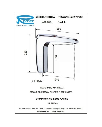Смеситель для раковины без донного клапана Remer Atmos A11L