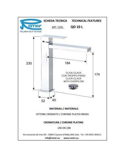 Смеситель для раковины с донным клапаном Remer Q-Design QD10L