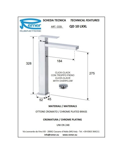 Смеситель для раковины с донным клапаном Remer Q-Design QD10LXXL