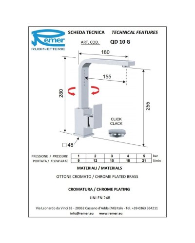 Смеситель для раковины с донным клапаном Remer Q-Design QD10G