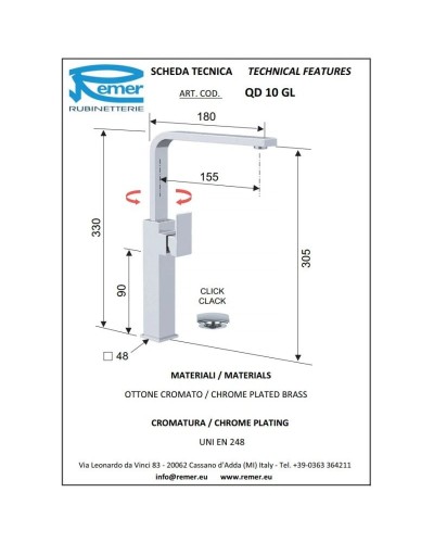 Смеситель для раковины с донным клапаном Remer Q-Design QD10GL
