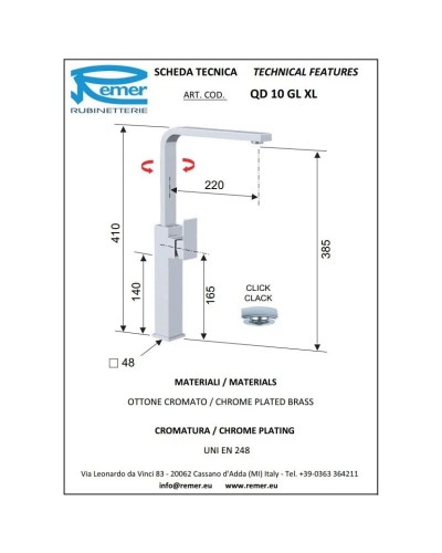 Смеситель для раковины с донным клапаном Remer Q-Design QD10GLXL