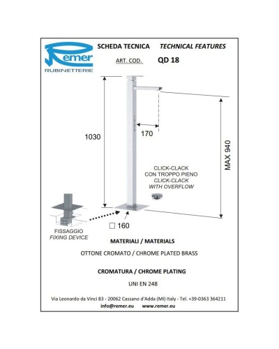 Смеситель напольный для раковины с донным клапаном Remer Q-Design QD18