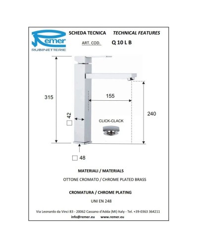 Смеситель для раковины с донным клапаном Remer Qubika Q10LB