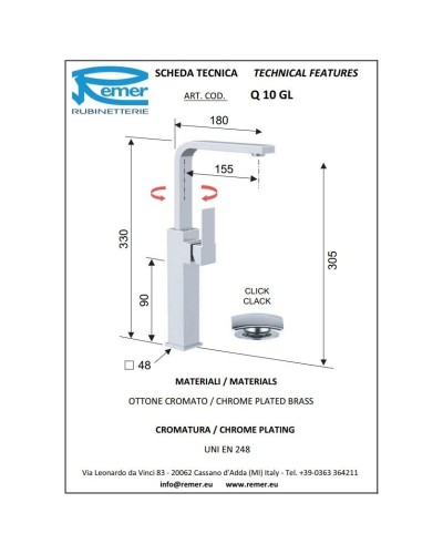 Смеситель для раковины с донным клапаном Remer Qubika Q10GL