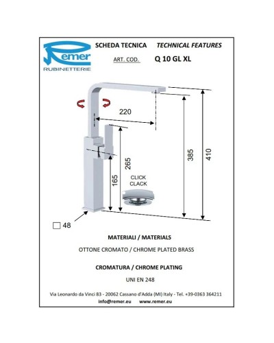 Смеситель для раковины с донным клапаном Remer Qubika Q10GLXL