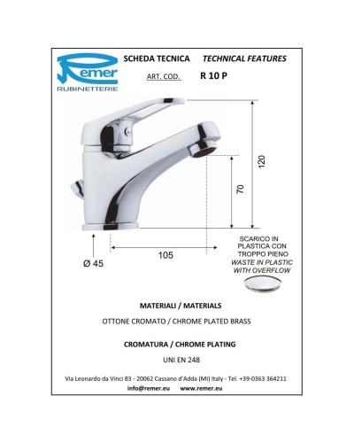 Смеситель для раковины с донным клапаном Remer Remix R10P